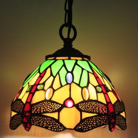 Small Tiffany Pendant Light 8 inch Tiffany Style Stained Glass Pendant Hanging Lamp Small Vintage Hanging Light Fixtures for Home Living Room Restaurant Hallway (Green Dragonfly Style)