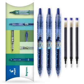 Pilot B2P Gel Rollerball Pen, Begreen Range 89% Recycled Blue Ink Pack of Pens and Refill Inks in Pillow Packaging (3+3 Pack)