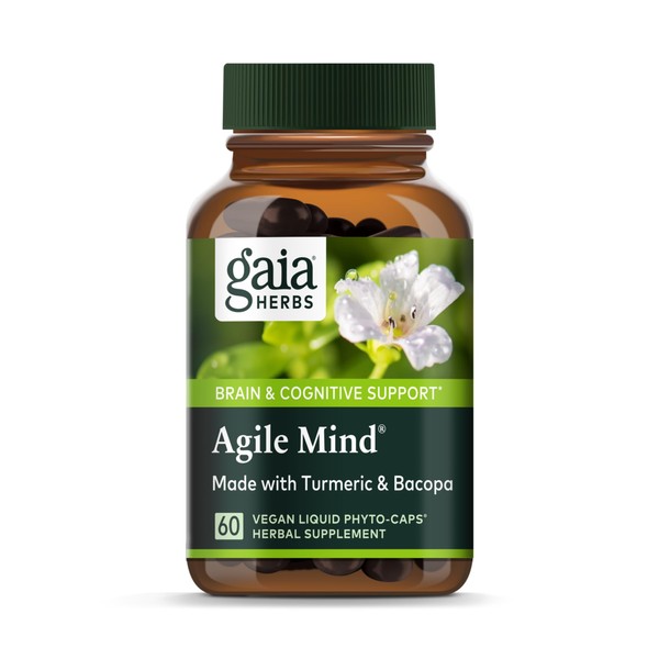 Gaia Herbs Agile Mind - Brain & Cognitive Support Herbal Supplements - with Organic Turmeric Root, Bacopa, Black Pepper, and Ginkgo Biloba - 60 Vegan Liquid Phyto-Capsules (30-Day Supply)
