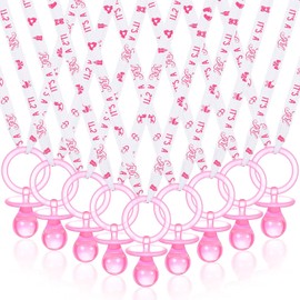 36 piezas de collar de chupetes de baby shower de acrílico, chupetes de bebé, regalos de fiesta, chupetes, collar para niñas y niños, decoración de fiesta, mesa (estilo niña, blanco, rosa)