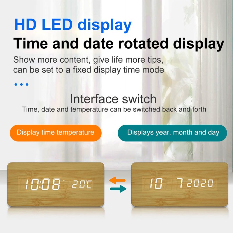 Buachois Wooden Digital Alarm Clock, Alarm Clock with Wireless Charging