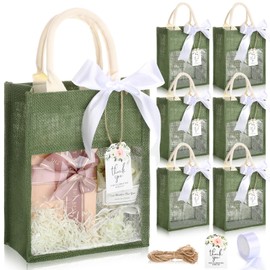 Sweetude 6 Pack Wedding Burlap Tote Bags with Handle Jute Tote Bag with Clear Window Bachelorette Beach Favor with Thank You Cards and White Ribbon 10.5x 8x 4.25 in Bridesmaid Gift Supplies