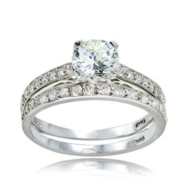 Hoops & Loops Sterling Silver Cubic Zirconia Round-Cut Wedding & Engagement Bridal Ring Set, Size 7