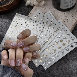 6 Sheets Star Moon Nail Art Stickers Metallic Nails Stickers 3D Self Adhesive Nail Decals Gold Silver Star Moon Sun Heart Designs French Nails Art Supplies for Women DIY Manicure Decoration