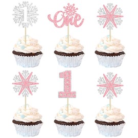 24 piezas de copos de nieve, un cupcakes, copos de nieve, copos de nieve de invierno para primer cumpleaños, decoraciones para tartas de primer cumpleaños para el país de las maravillas de invierno, suministros para fiesta de primer cumpleaños