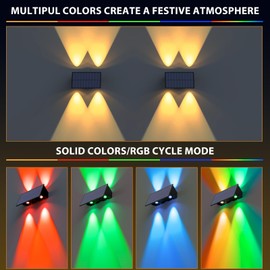 Solar Fence Lights,6Pack Solar Lights Outdoor Warm White + RGB Up & Down Waterproof 100 Lumens Dusk to Dawn Large Solar Wall Lights for Backyard/Pool/Railing/Patio/Porch/Step/Wall