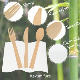 Pre Rolled Napkin and Bamboo Cutlery Set - 50 Sets (200 PCS)Disposable Wrapped Bamboo Utensils (50Forks,50Spoons,50Knives,50Compostable Napkins)-Wooden Silverware/Wrapped Plastic Tableware Alternative