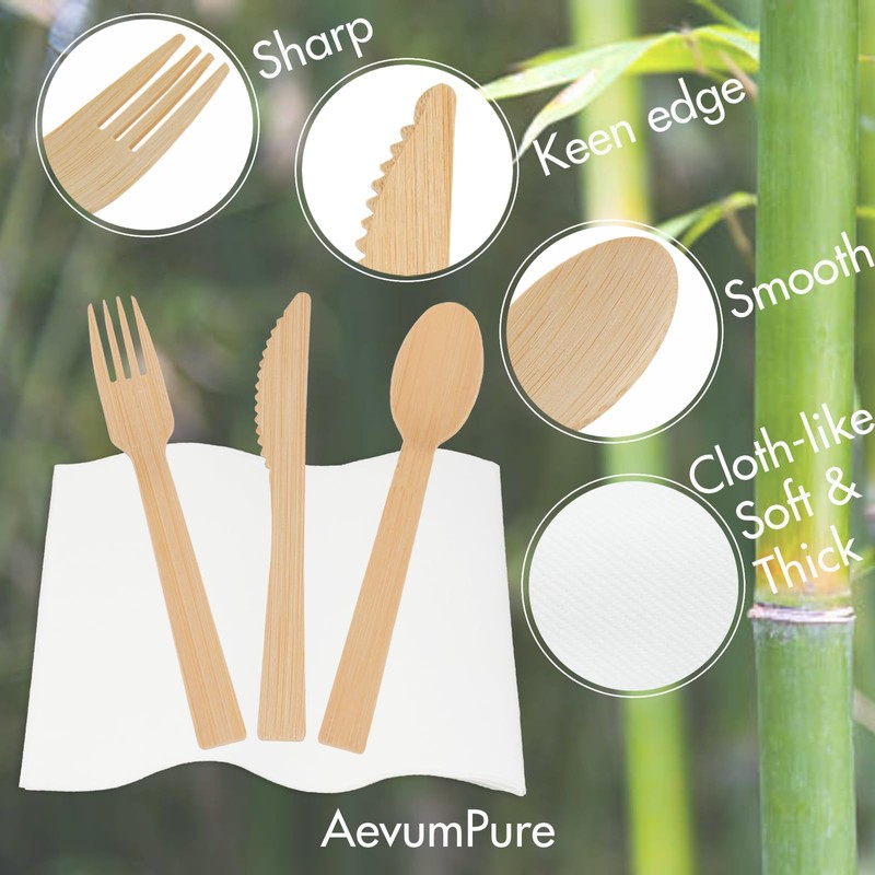 Pre Rolled Napkin and Bamboo Cutlery Set - 50 Sets
