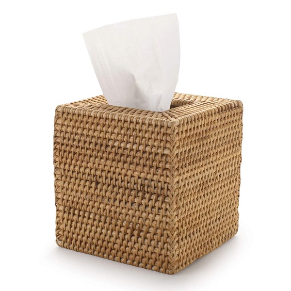 Square Rattan Tissue Box Cover, Hand Woven Wicker Tissue Holder,