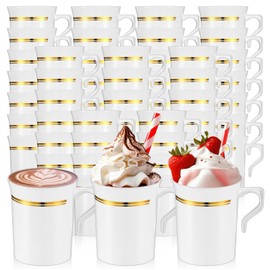 Baderke 48 Pcs Disposable Coffee Mugs with Rim 8 oz Coffee Mugs with Handle Disposable Tea Cups Espresso Beverage Plastic Coffee Cups with Handle for Wedding Cafe (White,Gold)