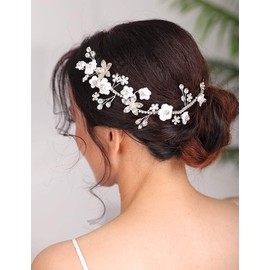Deniferymakeup Silver Bridal Hair Piece Pearl Hair Vine Wedding Floral Hair Piece Women Leaf and Flower Headband Rhinestones Wedding Hair Accessories