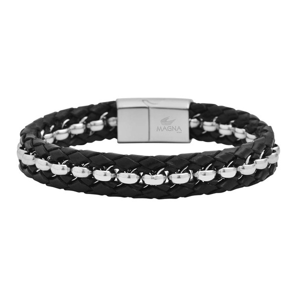 Magna Steel Men's Braided Genuine Leather Rolo Bracelet, Silver