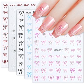 3D Bow Nail Stickers, 5 Colors Bnowknot Crystal Nail Art Stickers, Cute Bows Nail Decals for Nail Designs Colorful Ribbon Nail for Bow Tie Nail Sticker for Women Girls Nails Decoration 807-19