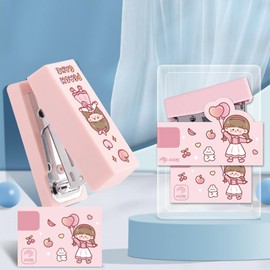 Cute Caetoon Desktop Stapler with Staples, Small Mini Office Stapler, Kids Cartoon Staplers for Desk, Handheld Stapler for Home Office (Pink)