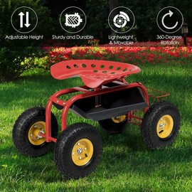S AFSTAR Rolling Garden Seat, Outdoor Lawn Yard Patio Work Seat with Heavy Duty Wheels, Swivel Seat, Tool Tray & Basket, Garden Cart Wagon Scooter (Red)