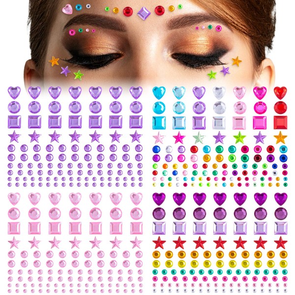 PAGOW 4 Sheets Adhesive Face Gems Stickers, Rhinestones Acrylic Face
