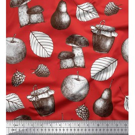 Soimoi Rayon Fabric Mushroom, Pear Fruits Print Fabric by The metre 56 Inch Wide