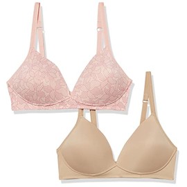 Warner's Women's Blissful Benefits Wireless Lift T-Shirt Bra 2-Pack 04003W, Silver Pink Striped Floral/Toasted Almond, 32C