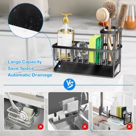 LYKTRIX Sink Organiser, Black, Kitchen Organisation, Sink, Washing Organiser with Self-Draining Drain Tray for Sponge Holder, Dish Brush Holder, Kitchen Utensil Holder