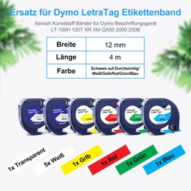 10 x XemaX Label Tape Replacement for Dymo LetraTag Label Tape 12 mm x 4 m 16951 91221 91222 91223 91224 91225 Dymo Labels Plastic Tape for Dymo Labelling Device LT-100H 100T XR 2000 200B