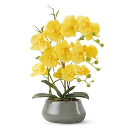 Orchid Artificial Flowers with Gray Vase Large Silk Faux Phalaenopsis Flowers for Dining Room Table Floral Centerpieces Indoor Decoration,Yellow