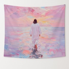 bitCNY Jesus Sunset Walk Tapestry – Pink Pastel Christian Wall Hanging, Peaceful Inspirational Decor for Bedroom or Prayer Room, 50x60 Inch