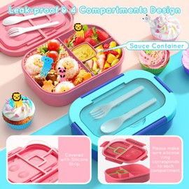 JSCARES Bento Box Kid Adult Lunch Box 2 Pack, Leakproof Bento Lunch Container 4 Compartment Bento-Style Lunchbox with Utensil Set, On-The-Go Meal and Snack Packing for School, Work, Picnic