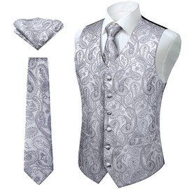 Enlision Men's Paisley Floral Wedding Party Jacquard Waistcoat&Necktie and Pocket Square Vest Suit Set, Gray, M(Chest size 44 inch)