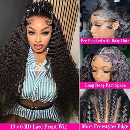 Nervoss 22Inch 13X6 Lace Front Wigs Human Hair 200% Density Deep Wave HD Transparent Lace Front Wigs Human Hair Pre Plucked Glueless Wigs Deep Curly Human Hair for Women With Baby Hair