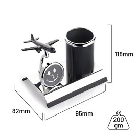 ZAHEPA Aeroplane Miniature Metal Pen Stand with Clock,Stylish Stationary Desk Organizer,Pencil Holder,Elegant Corporate Gift Set,Durable Decorative Showpiece for Office