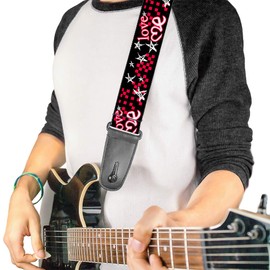 Buckle-Down Guitar Strap - Love Me w/Sketch Stars & Checkers Black/Fuchsia/White - 2" Wide - 29-54" Length