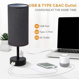 lifeholder Cylinder Touch Lamp, Dimmable USB Lamp Include One LED Bulb, Fabric Shade Lamp Built in 1 USB 1 Type C Ports & 1AC Outlet, Bedside Lamp Idea for Bedroom