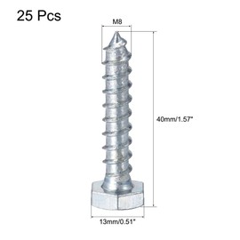 sourcing map Hex Lag Screws, M8 x 40mm Carbon Steel Zinc Plated Full Thread Self-Tapping Bolts for Wood Screw 25Pcs
