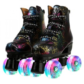 Women Roller Skates Classic High-top Outdoor Skate Roller Light-Up Four-Wheel Lightning Pattern Shiny Roller Skates for Adult Women Men with Shoe Bag (Black Flash Wheel,42=US:8.5)
