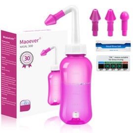 Neti Pot Sinus Rinse Bottle Nose Wash Cleaner Pressure Rinse Nasal Irrigation for Adult & Kid BPA Free 300 ML with 30 Nasal Wash Salt Packets and Sticker Thermometer (Pink)
