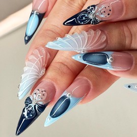 Blue French Tips Press on Nails 3D Curve Line Stick on Nails Long Stiletto 3D Flower Acrylic Fake Nails 24 Pcs Glossy Blue Gradient False Nails Pearl Gel Glue on Nails for Women Girls