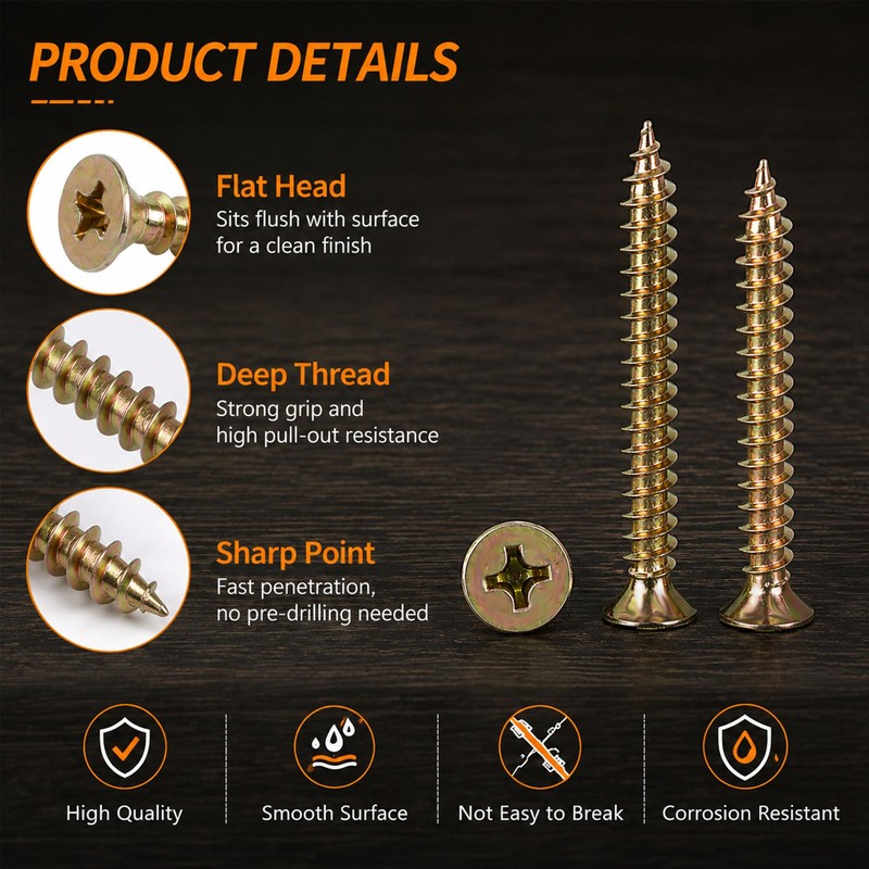 LOUEVIDO M4 x30mm Phillips Head Wood Screws Assortment Set, Gold
