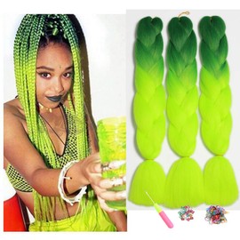 ShowJarlly Box Braid Hair Extensions, 24inch Dark Green/Yellow Green ​Ombre Jumbo Braid Hair, 3Packs Synthetic Jumbo Braiding Hair Extension Afro Hair Extensions for Braiding Crochet Twist Braids