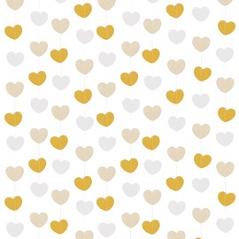 White Gold Love Heart Streamer Garland, 52Ft Rustic Wedding Hanging Decoration, Shining Paper Streamer Banner for Anniversary Bachelorette Engagement Bridal Shower Valentines Party Decor