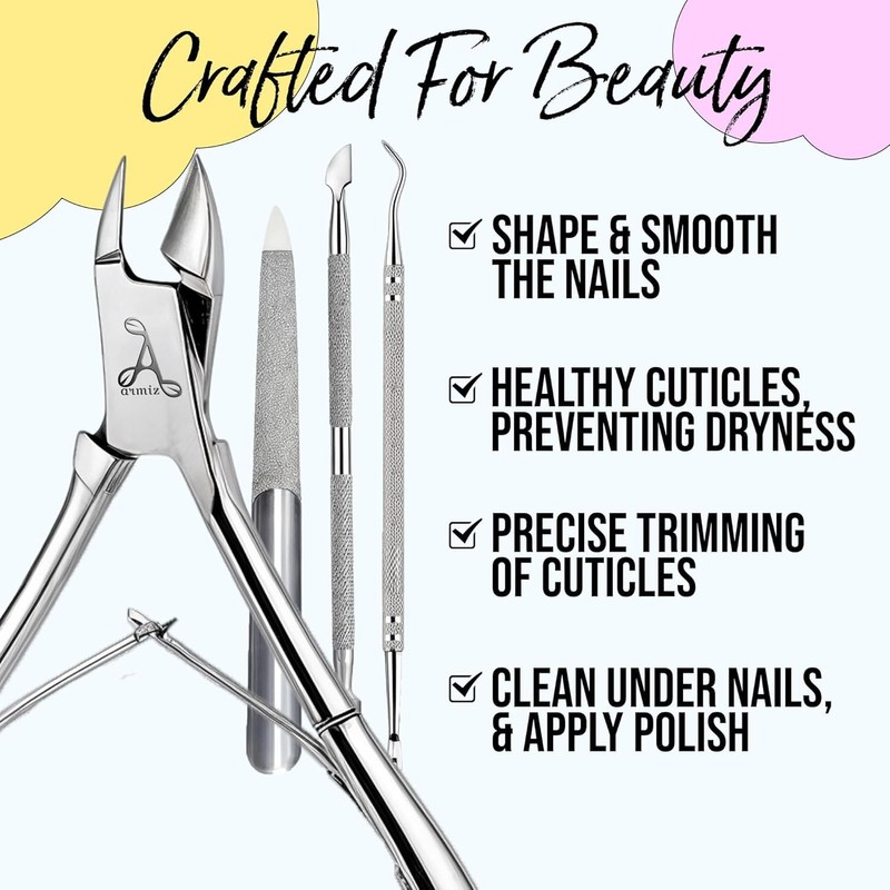 ARMIZ 4 Set Cuticle Pusher and Cuticle Nipper, Professional Cuticle