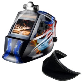 TRQWH Solar Powered Welding Hood & Leather Bib, True Color, 4 Arc Sensors