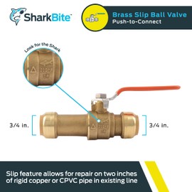 SharkBite 3/4 Inch Slip Ball Valve, Push to Connect Brass Plumbing Fitting, PEX Pipe, Copper, CPVC, PE-RT, HDPE, 24736LF