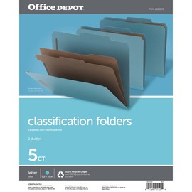 Office Depot Classification Folders, Folder Organizer, 2 1/2in. Expansion, Letter Size, 2 Dividers, Blue, Pack Of 5, OM01727