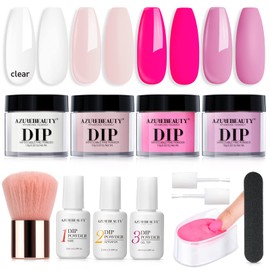 AZUREBEAUTY 12 Pcs Dip Powder Nail Kit Starter, Light/Hot Pink Clear White 4 Colors Acrylic Dipping Powder Liquid Set with Base/Top Coat Activator for French Nail Art Beginners Manicure Gift for Women