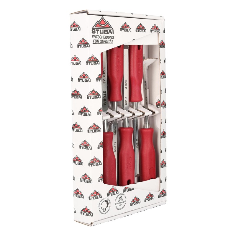 Stubai 354104 Wood Chisel Set with Plastic Handle, Silver/Red, 12-24