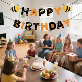 Bee-Themed Happy Birthday Banner for Women and Girls – Black and Orange Birthday Decorations with Cute Bee Design, Reusable Paper Party Bunting Sign for Indoor Outdoor Celebrations