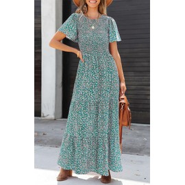 PRETTYGARDEN Women's Summer Casual Round Neck Short Flutter Sleeve Smocked Ruffle Floral Maxi Dress Wedding Guest Dress (Olive Green,Small)