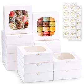 YODYZJ 20-Pack Bakery Boxes with Window, 8"x8"x2.5" White Treat Boxes for Dessert, Cookie, Chocolate Strawberry, Donut and Pastry