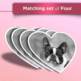 Vinyl Heart Stickers (Set of 4) - BW - Cute Boston Terrier Puppy Dog Fun Decals for Laptops,Tablets,Luggage,Scrap Booking,Fridges #37530