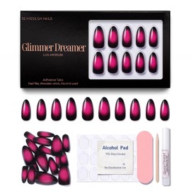 Press On Nails 32 Dark Red – Medium Almond I Reusable Press on Nails - Wine Sunset I Gradation Tip for Adult I Nails with Glue Adhesive Tabs, Clean Pad, Nail File & Wood Stick